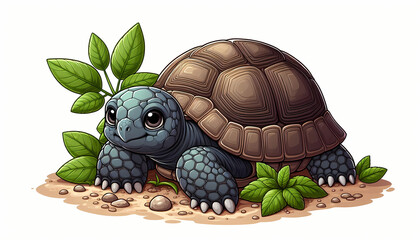 Obraz premium Illustrated ploughshare tortoise surrounded by lush greenery, showcasing its unique shell.