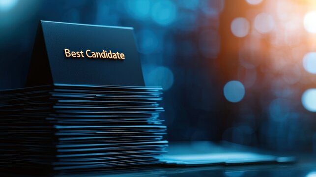 A stack of resumes being reviewed with a highlighted name labeled as the "Best Candidate"