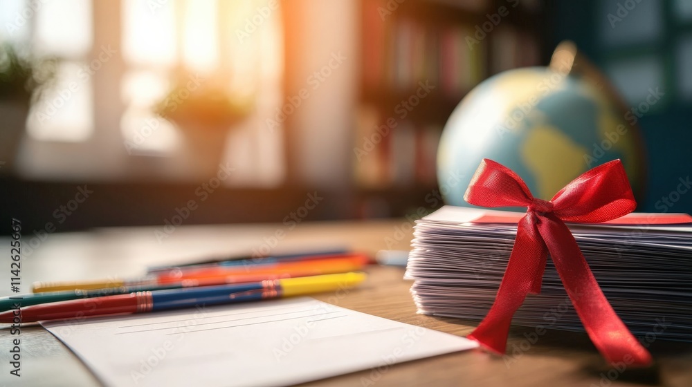 Poster a stack of report cards tied with a red ribbon, placed on a teacher desk alongside colorful pens and