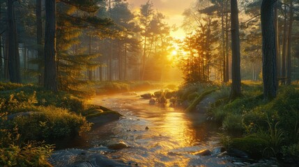 Obraz premium Golden Sunrise Through the Forest: A Serene River Landscape