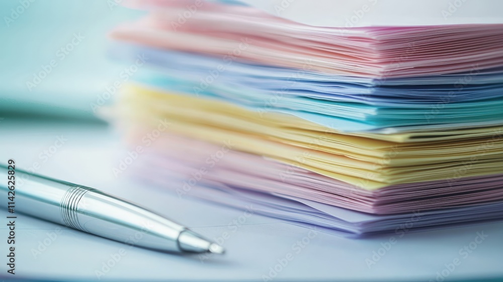 Poster A stack of colorful sticky notes in pastel shades, arranged neatly with a sharp pen beside it
