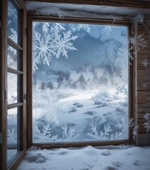 Frosty Window with Snowflakes and Icy Patterns, white background, snowflakes