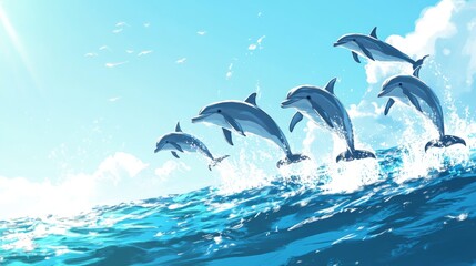 Fototapeta premium Dolphins Jumping Out of Blue Ocean Waves Under Bright Sunny Sky
