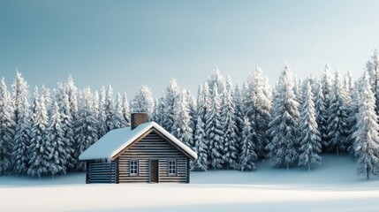 Holiday cabin with chimney surrounded by christmas snow