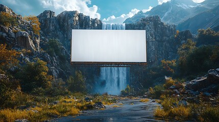 Photo realistic white blank billboard displaying at a scenic waterfall, mock-up, random place 