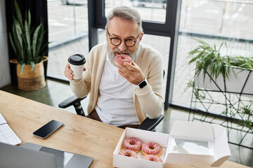 A mature man is savoring a donut while holding coffee at his office desk, surrounded by plants.