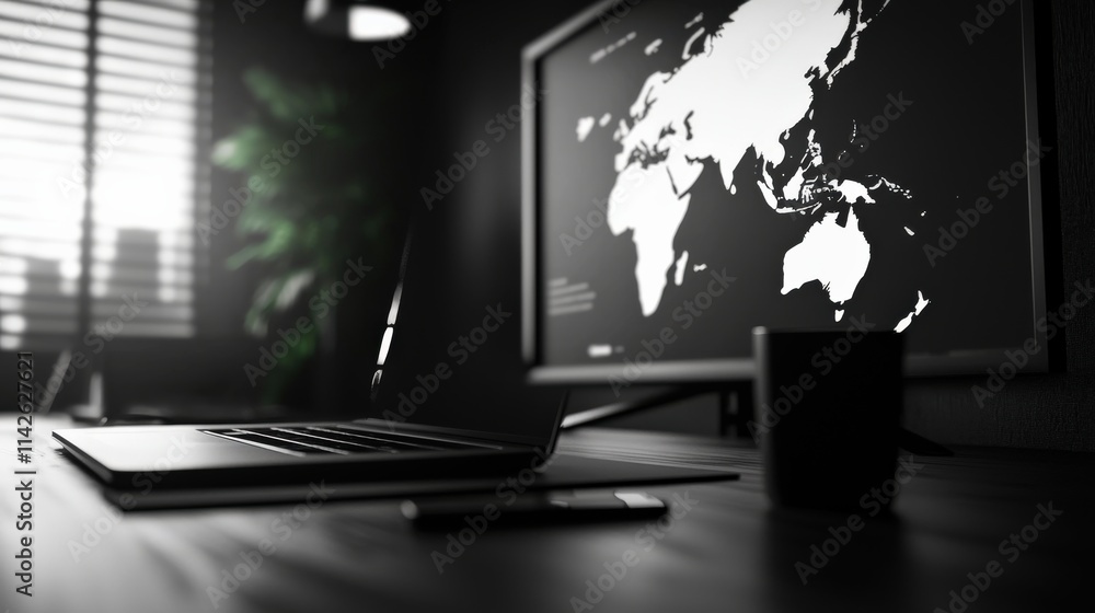 Poster a monochrome state map styled as part of a sleek office presentation, displayed on a projector scree