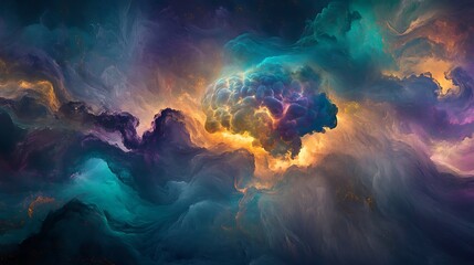 Obraz premium A glowing brain radiating swirling clouds of vibrant colors, including blues, purples, and gold, representing emotions and creativity in an abstract cosmic environment 