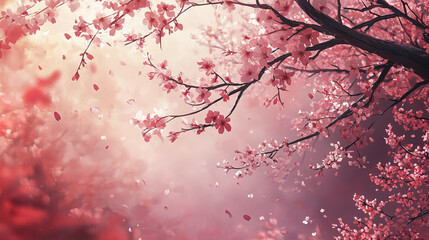 Blooming sakura branches with pink petals against soft backdrop