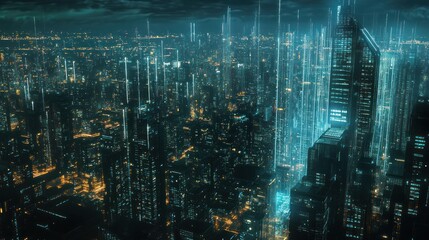 Naklejka premium A futuristic cityscape illuminated by neon lights and towering skyscrapers.