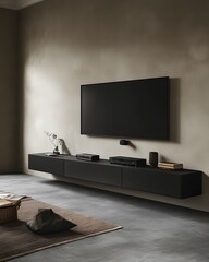 A modern living room featuring a sleek black TV and minimalist furniture.