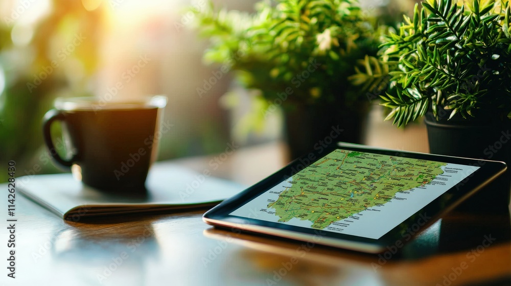 Poster a minimalistic state map displayed on a digital tablet, surrounded by notes and a travel itinerary