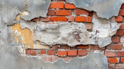 Weathered Brick Wall With Peeling Plaster Surface