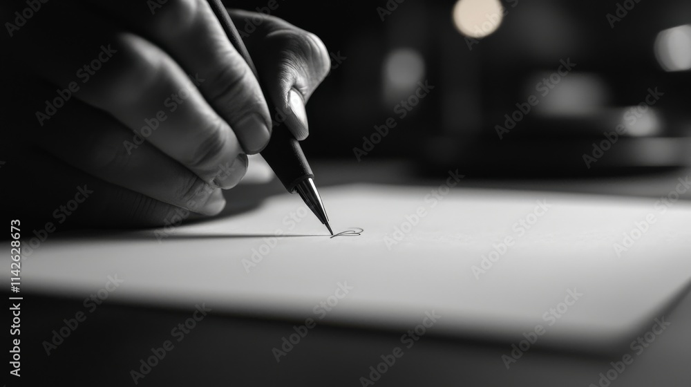 Poster a hand writing on note paper with a calligraphy pen, with a minimalist background in soft tones