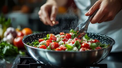 Bright red tomatoes and fresh greens mix in a lively kitchen where skilled hands work with passion on a sunny afternoon