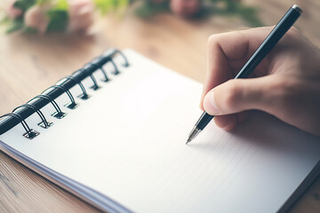 Creative writing session home office notebook and pen inspirational environment close-up view