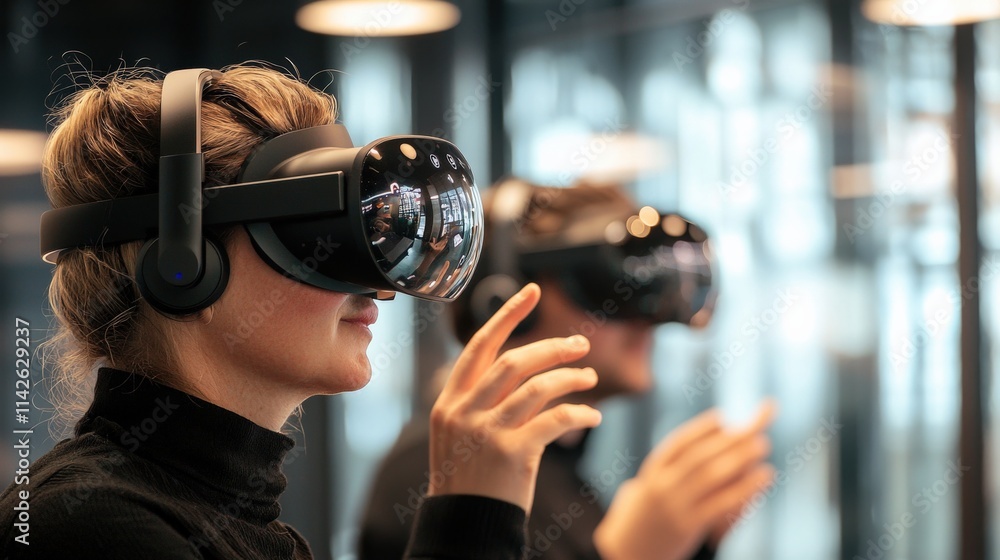 Poster A group training session with employees using VR headsets to simulate real-world business scenarios