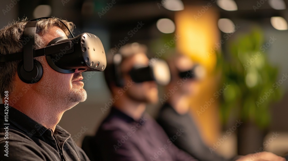 Poster a group training session with employees using vr headsets to simulate real-world business scenarios