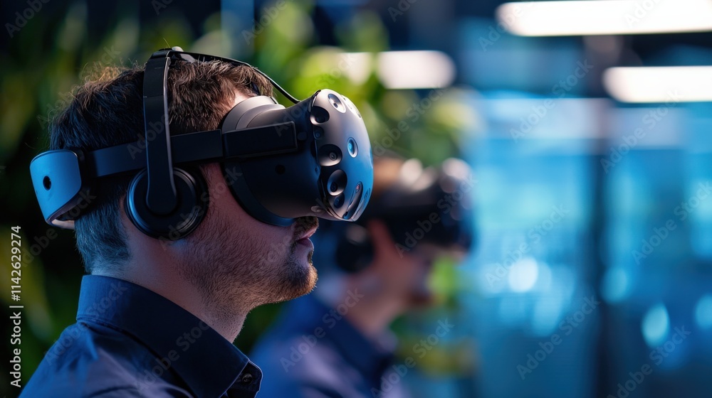 Poster a group training session with employees using vr headsets to simulate real-world business scenarios