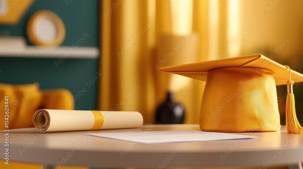 Poster a graduation cap placed next to a report card and a rolled-up diploma, styled on a modern table