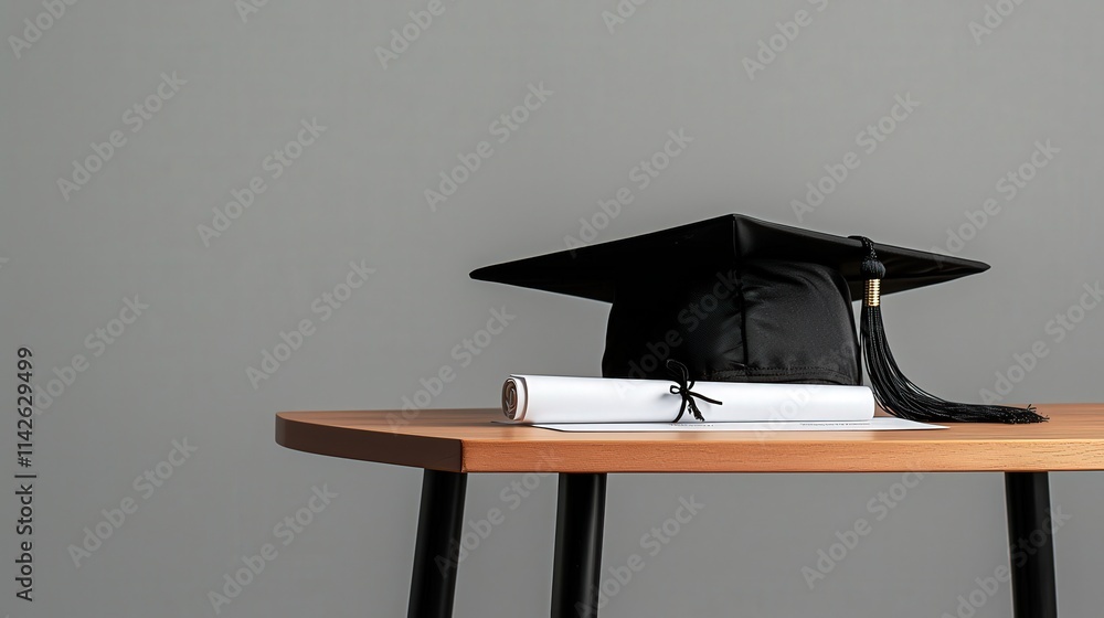 Poster a graduation cap placed next to a report card and a rolled-up diploma, styled on a modern table