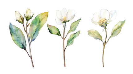 Watercolor floral illustration set with delicate flowers and leaves, isolated on white background. Soft watercolor floral bouquet set, vibrant blooms and greenery, isolated on white background