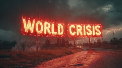 A vibrant neon sign flashing World Crisis illuminates a dark, stormy landscape while lightning strikes in the background, evoking a sense of urgency