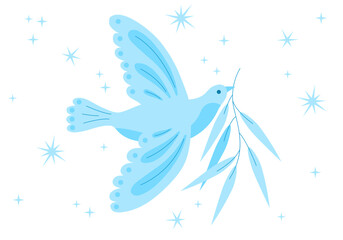 International world day of peace. symbol of peace white dove bird, mistletoe, plant, branch, non violence, no war, anti-war, human solidarity. Symbol of a dove with an olive branch. Symbol of peace