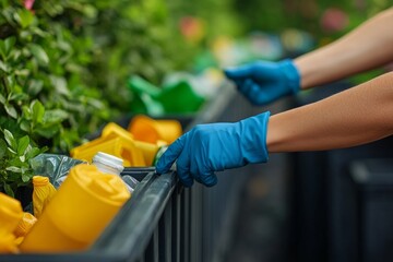 Hands in Blue Gloves Sorting Waste Amidst Greenery A Close-Up on Recycling and Sustainability