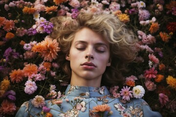 un jeune homme blond androgyne sur un lit de fleurs