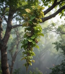 Long trailing stems of Aristolochia gigantea creeper flower plant wrapped around a tree branch, flowering plant, foliage, vine