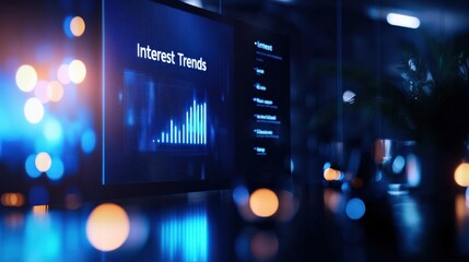 A dynamic boardroom presentation titled "Interest Rate Trends" displayed alongside a line graph
