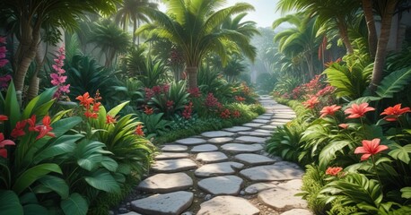 Fototapeta premium Lush tropical garden with exotic flowers and a winding stone path, exotic flowers, tropical garden, scenic
