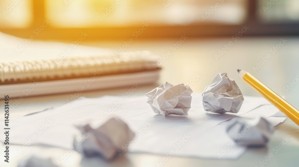 Poster a desk with crumpled note paper scattered around, styled with a creative and brainstorming theme
