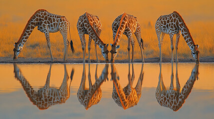 Fototapeta premium Giraffes drinking at watering hole with mirrored reflections at sunset