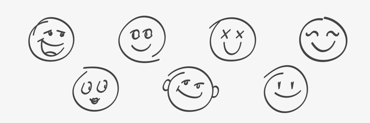 Human emotions smiley set. Cute expression, comic communication. Funny emoji, hand drawn abstract face collection. Vector illustration