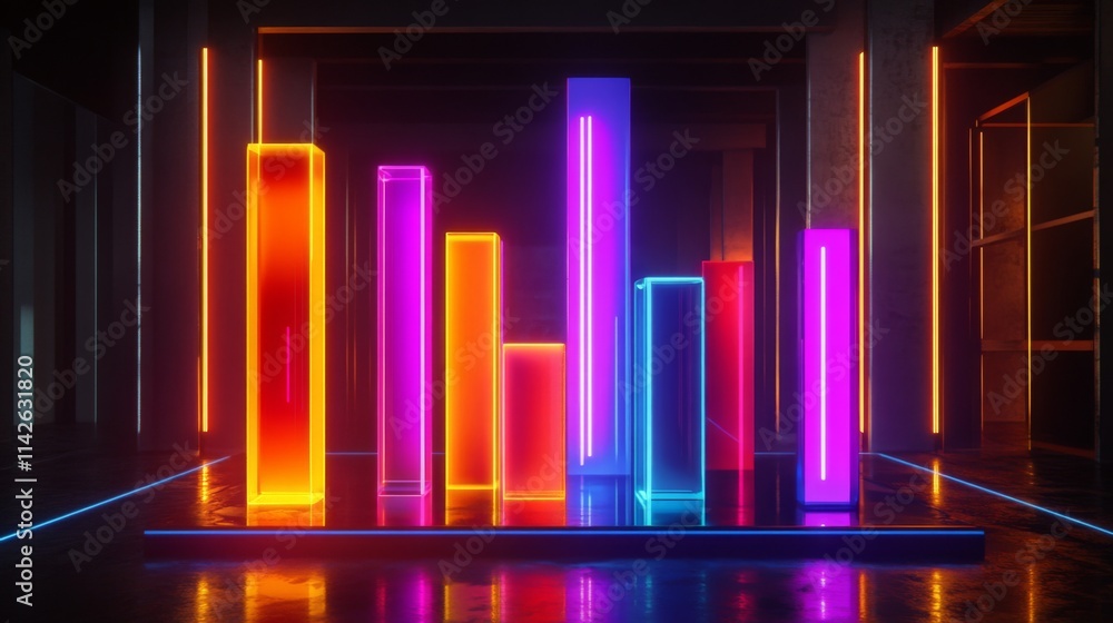 Poster neon bar graph display with bright colors in dark environment