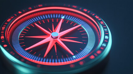 A red and blue compass with a glowing red dot in the center
