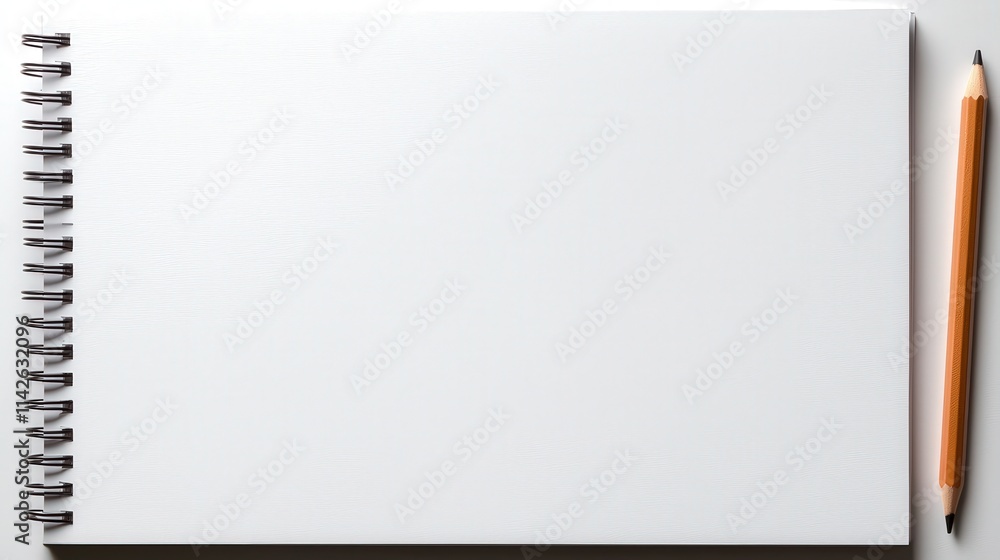 Poster a close-up of blank note paper in a spiral notebook, with a pencil resting on the side