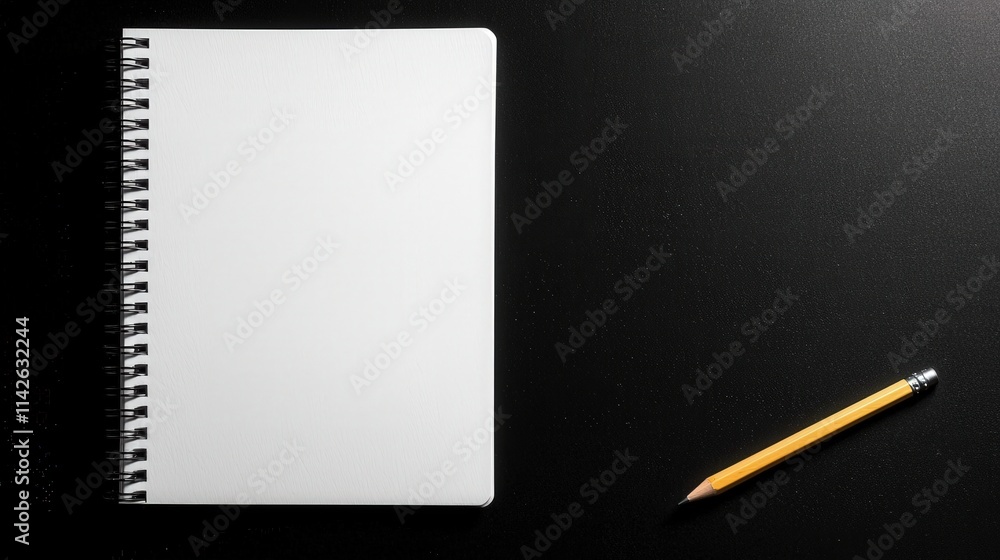 Poster a close-up of blank note paper in a spiral notebook, with a pencil resting on the side