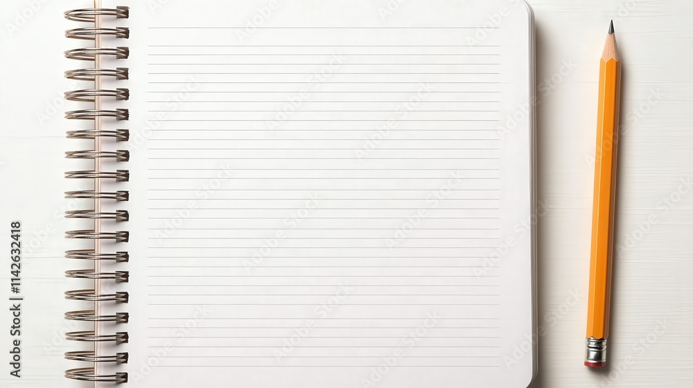 Poster a close-up of blank note paper in a spiral notebook, with a pencil resting on the side