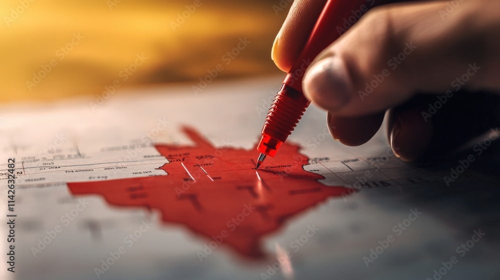 Poster a close-up of a traveler hand marking a destination on a printed state map with a red pen