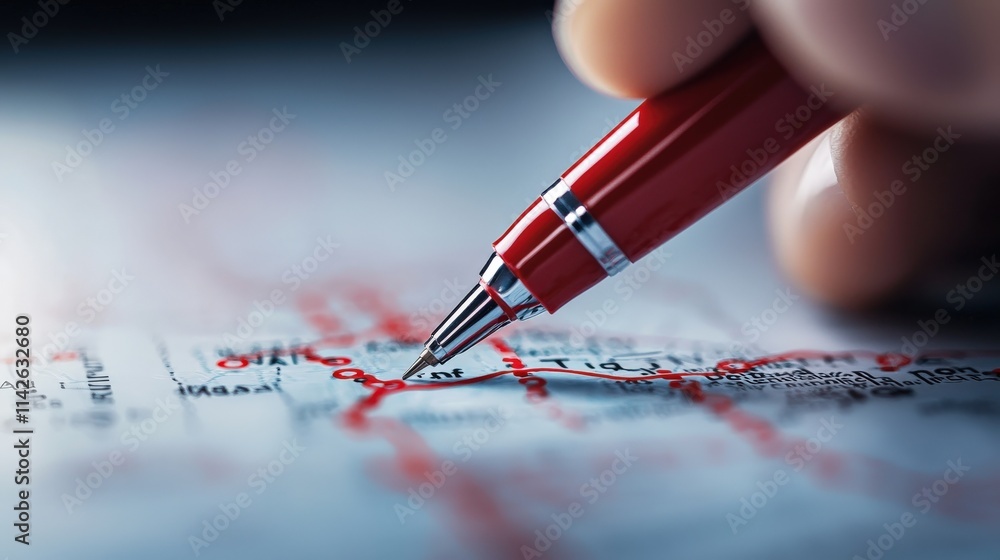 Poster a close-up of a traveler hand marking a destination on a printed state map with a red pen