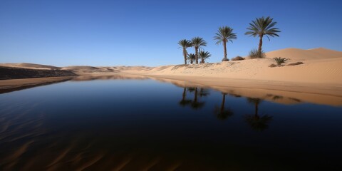 A tranquil desert oasis with still water and palm trees, offering a calm respite from the arid surroundings.