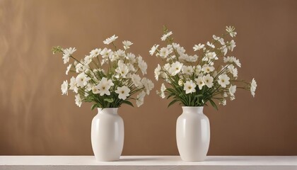 Fototapeta premium Minimalist composition of white flowers in a white vase set on a warm brown background, bloom, warm, nature, minimalist, decoration