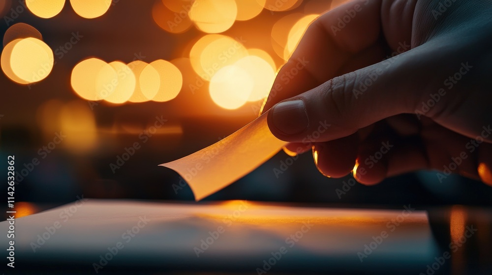 Aufkleber a close-up of a hand tearing a piece of note paper from a notepad, with a soft-focus background