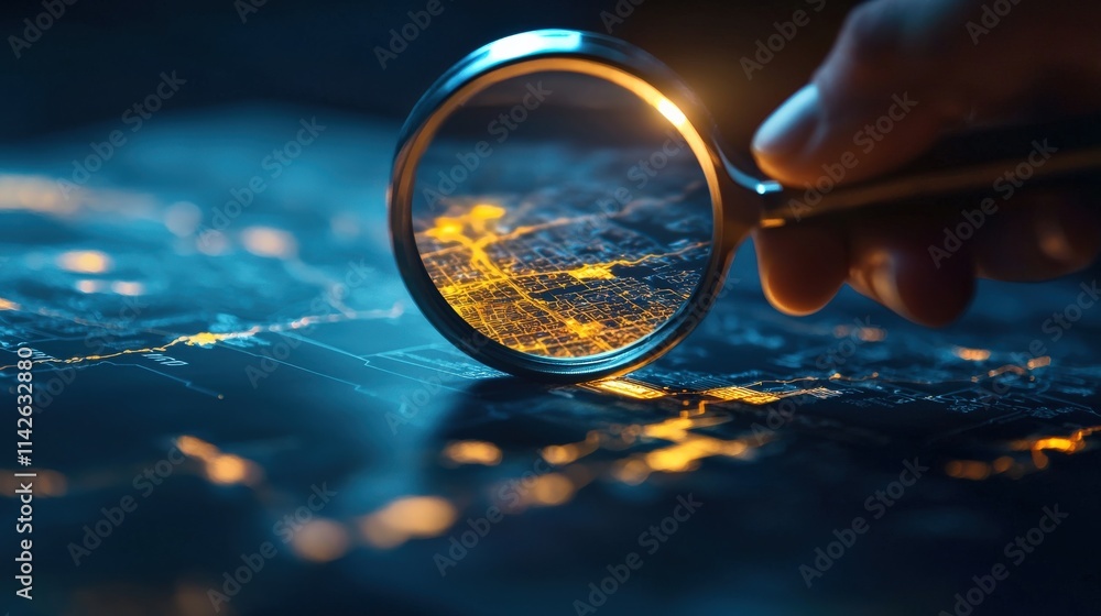 Poster a close-up of a hand holding a magnifying glass over a printed state map with city details highlight