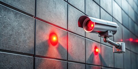 Gray Tile Wall Security System - Red Alarm Light, CCTV Camera, Surveillance, Building Security