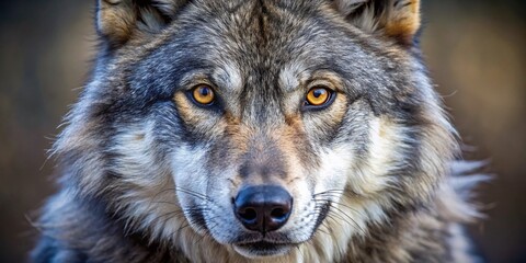 Fototapeta premium Gray Wolf Macro Photography: Close Up Wild Animal Portrait, Ferocious Eyes, Detailed Fur Texture, Wildlife Photography
