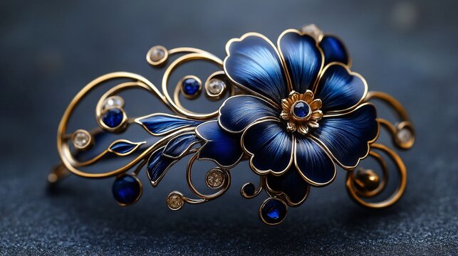 Luxurious blue and gold cloisonn&eacute; brooch with delicate wire accents, featuring swirling floral patterns and a smooth, glossy enamel finish.